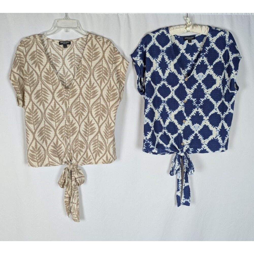Absolutely Famous Blouse L Women's Printed Vneck Button Down Tie Hem Lot of 2